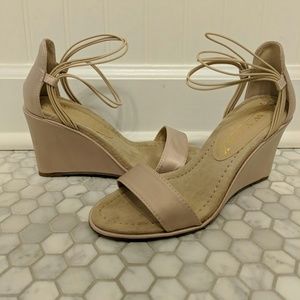 Size 6 nude satin dressy wedges